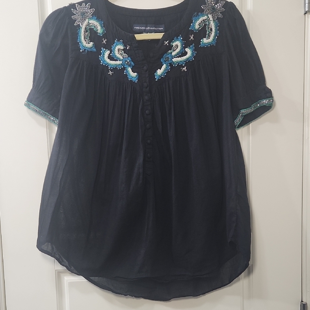French Connection Navy Blouse with Teal Embroidered Beads